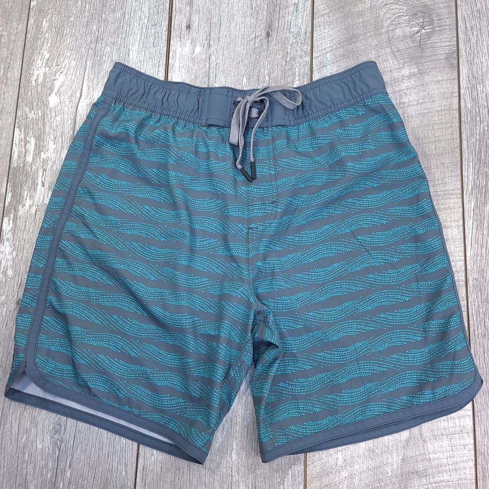 Prana Board Shorts Mens Large Gray Teal Wavy Dot Pattern Swim Trunks